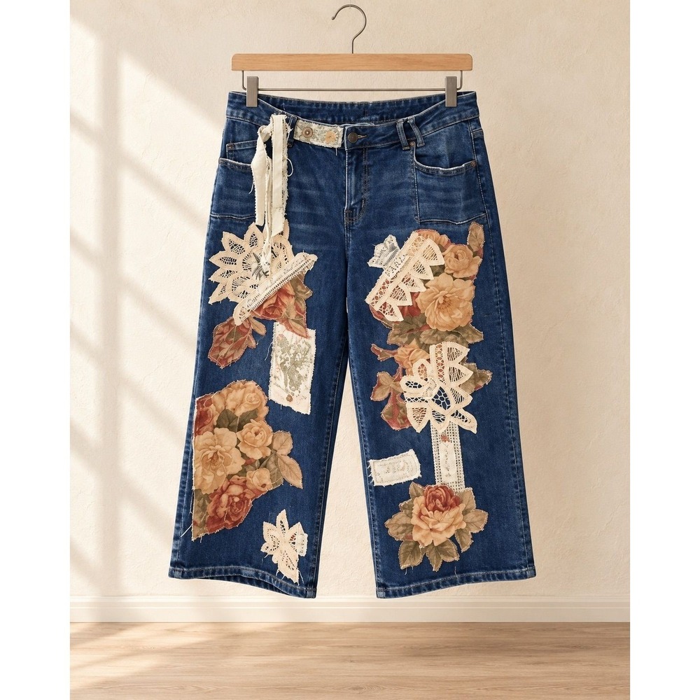 OOAK Handmade Upcycled Floral Lace Cropped Wide Leg Jeans Wearable Art